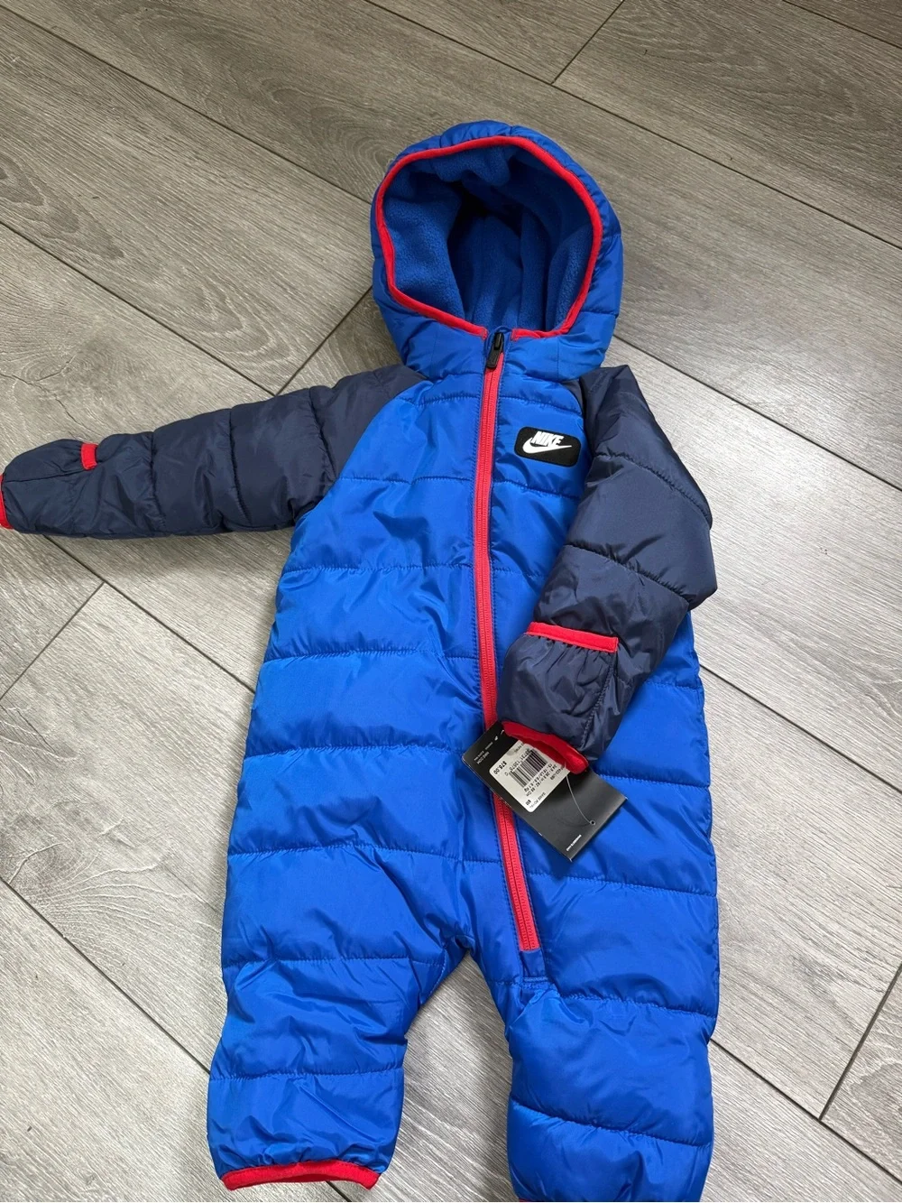 Winter puffer Nike Blue & Navy Infant Puffer One-Piece Snowsuit with Red Trim